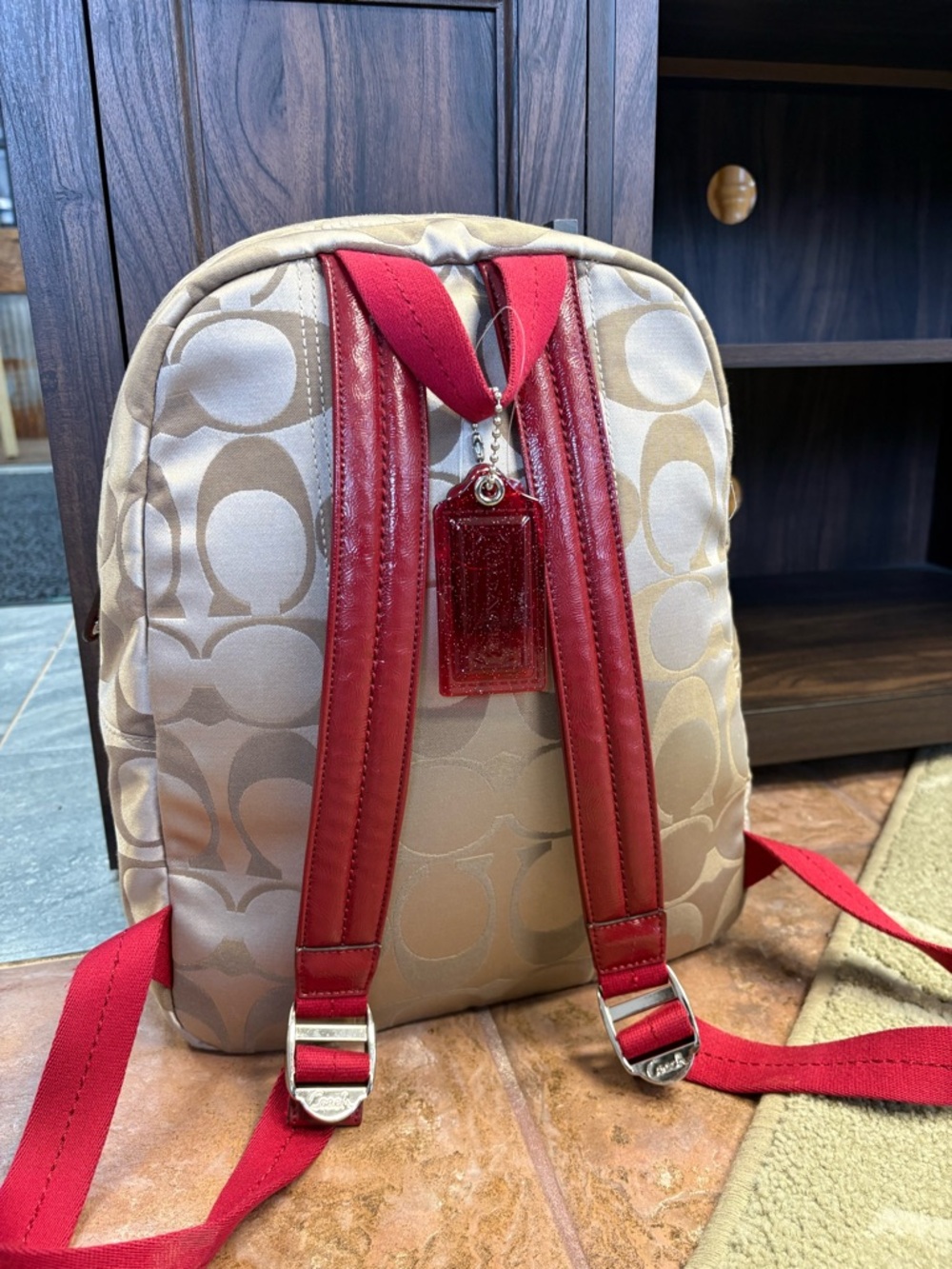 Coach Signature Backpack Tan Red Canvas Leather Trim Mini Travel Bag - Picture 2 of 5